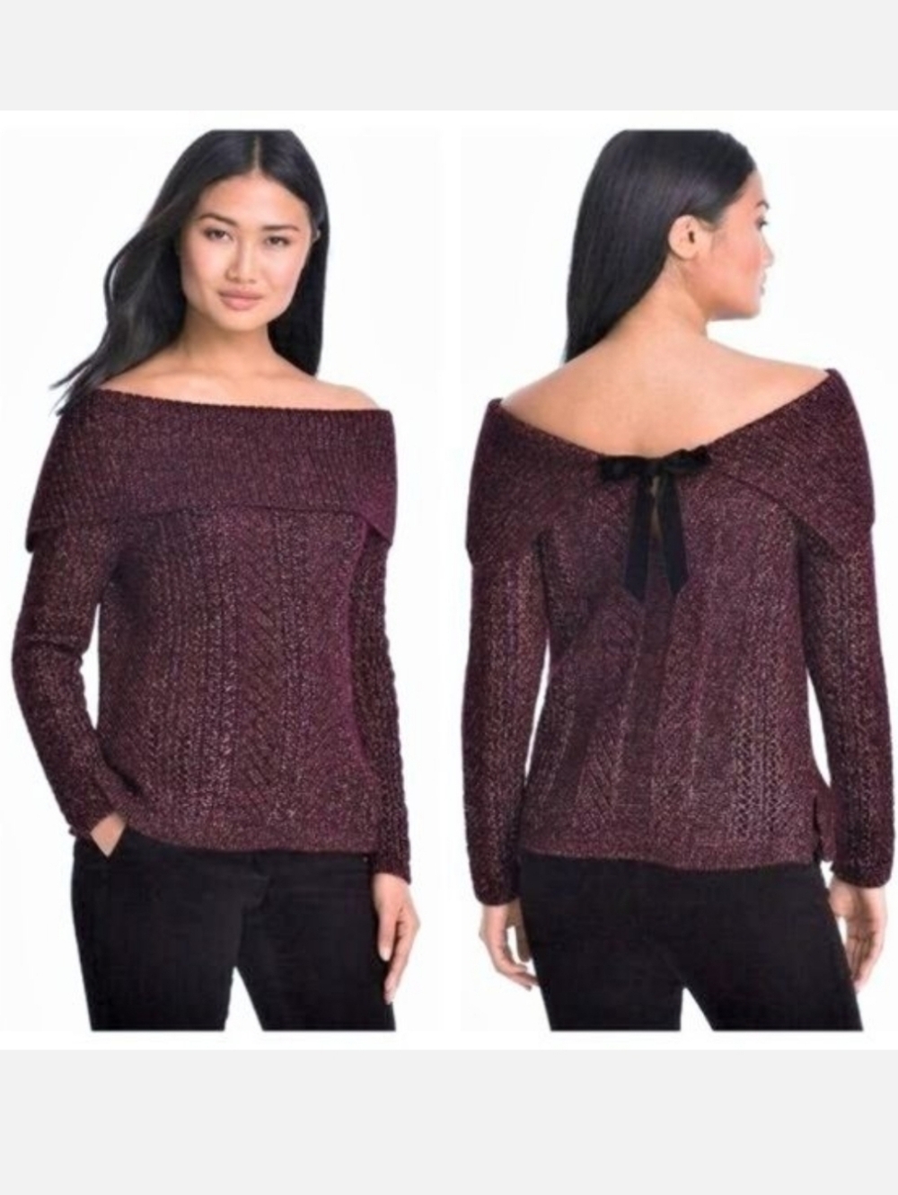 White House Black Market Off-Shoulder Marled Burgundy Sweater w/ Back Bow, Sz M